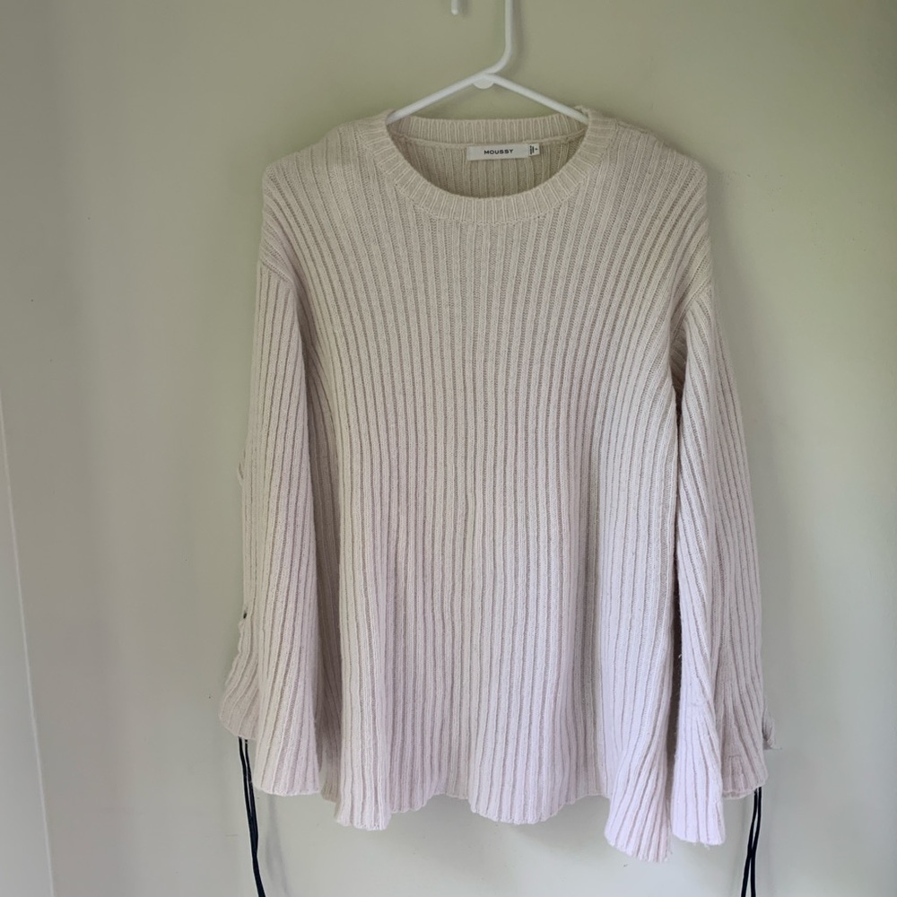 Moussy Cream Ribbed Knit Wool Sweater Designer Lace Up Sleeves